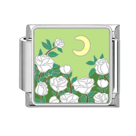 Picture of 1 Piece 304 Stainless Steel Italian Charm Links For DIY Bracelet Jewelry Making Silver Tone Green Rectangle Rose Flower 10mm x 9mm