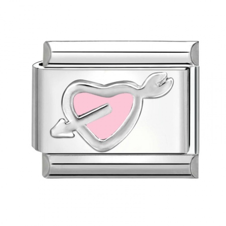 Picture of 1 Piece 304 Stainless Steel Valentine's Day Italian Charm Links For DIY Bracelet Jewelry Making Silver Tone Pink Rectangle Arrow Through Heart 10mm x 9mm