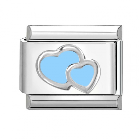 Picture of 1 Piece 304 Stainless Steel Valentine's Day Italian Charm Links For DIY Bracelet Jewelry Making Silver Tone Light Blue Rectangle Heart 10mm x 9mm