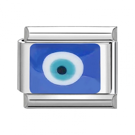 Picture of 1 Piece 304 Stainless Steel Italian Charm Links For DIY Bracelet Jewelry Making Silver Tone Blue Rectangle Evil Eye 10mm x 9mm