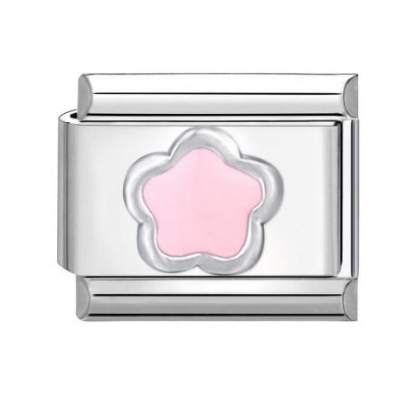 Picture of 1 Piece 304 Stainless Steel Italian Charm Links For DIY Bracelet Jewelry Making Silver Tone Pink Rectangle Flower 10mm x 9mm