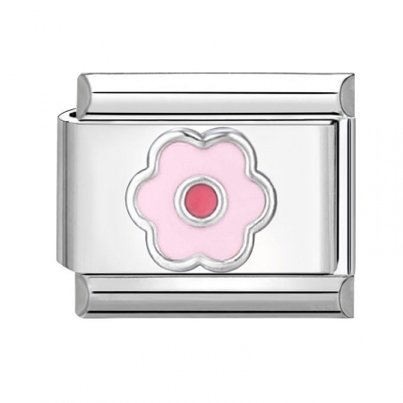 Picture of 1 Piece 304 Stainless Steel Italian Charm Links For DIY Bracelet Jewelry Making Silver Tone Pink Rectangle Flower 10mm x 9mm