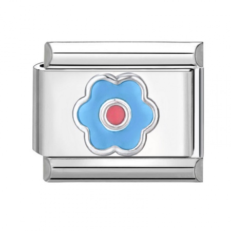 Picture of 1 Piece 304 Stainless Steel Italian Charm Links For DIY Bracelet Jewelry Making Silver Tone Blue Rectangle Flower 10mm x 9mm