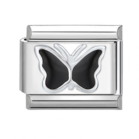 Picture of 1 Piece 304 Stainless Steel Italian Charm Links For DIY Bracelet Jewelry Making Silver Tone Black Rectangle Butterfly 10mm x 9mm