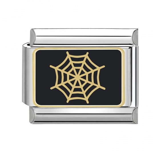 Immagine di 1 Piece 304 Stainless Steel Italian Charm Links For DIY Bracelet Jewelry Making Silver Tone Black Rectangle Halloween Cobweb 10mm x 9mm