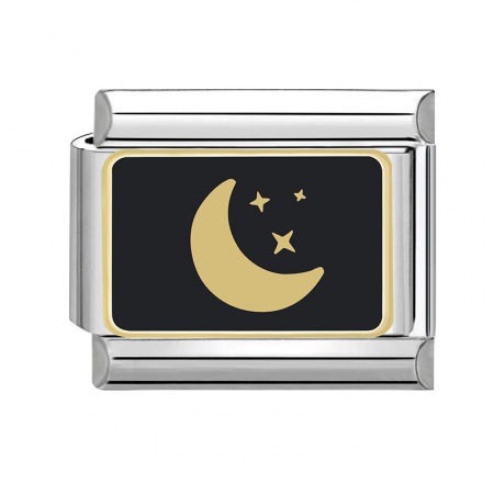 Picture of 1 Piece 304 Stainless Steel Italian Charm Links For DIY Bracelet Jewelry Making Silver Tone Black Rectangle Moon 10mm x 9mm