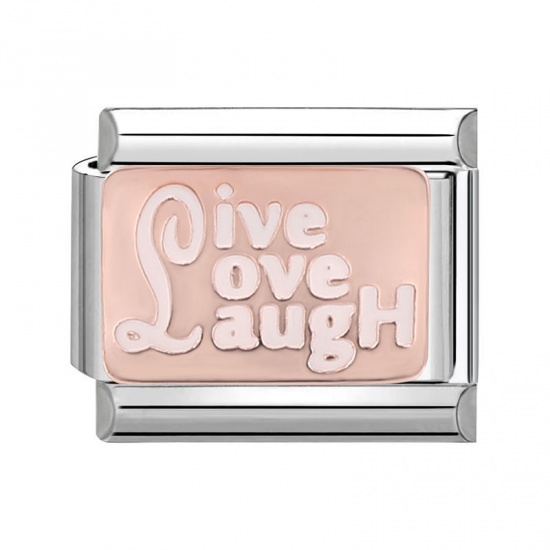 Immagine di 1 Piece 304 Stainless Steel Stylish Italian Charm Links For DIY Bracelet Jewelry Making Silver Tone Pink Rectangle Message " Live Laugh Love " 10mm x 9mm