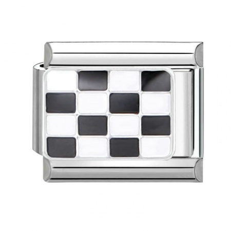 Picture of 1 Piece 304 Stainless Steel Italian Charm Links For DIY Bracelet Jewelry Making Silver Tone Black Rectangle Grid Checker 10mm x 9mm