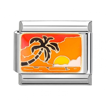 Picture of 1 Piece 304 Stainless Steel Italian Charm Links For DIY Bracelet Jewelry Making Silver Tone Multicolor Rectangle Coconut Palm Tree 10mm x 9mm
