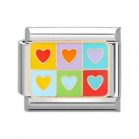 Picture of 1 Piece 304 Stainless Steel Valentine's Day Italian Charm Links For DIY Bracelet Jewelry Making Silver Tone Multicolor Rectangle Heart 10mm x 9mm