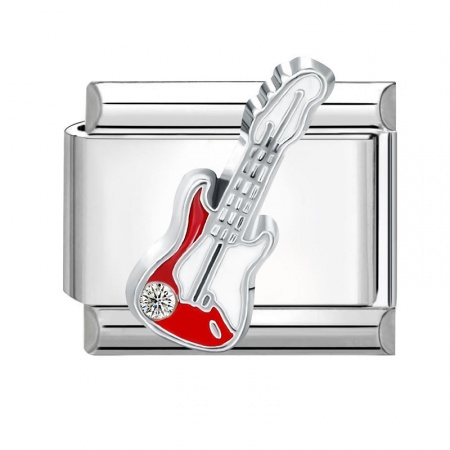Picture of 1 Piece 304 Stainless Steel Italian Charm Links For DIY Modular Bracelet Watch Jewelry Making Wholesale Silver Tone Red Rectangle Guitar 10mm x 9mm