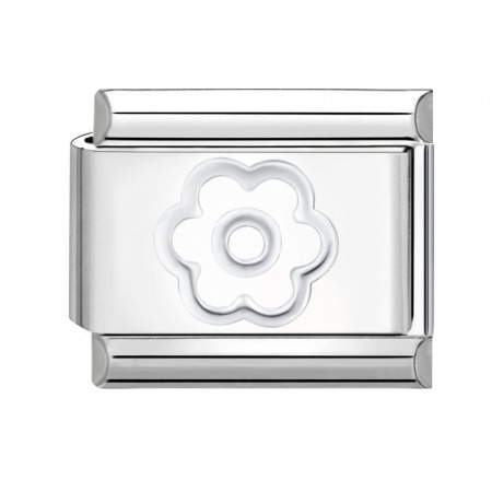 Picture of 1 Piece 304 Stainless Steel Italian Charm Links For DIY Bracelet Jewelry Making Silver Tone White Rectangle Flower 10mm x 9mm