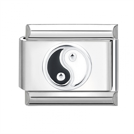 Picture of 1 Piece 304 Stainless Steel Italian Charm Links For DIY Bracelet Jewelry Making Silver Tone Black Rectangle Yin Yang Symbol 10mm x 9mm