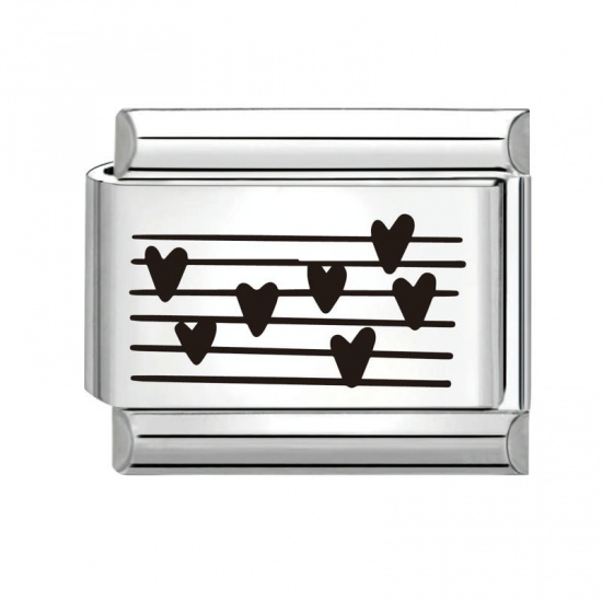 Picture of 1 Piece 304 Stainless Steel Valentine's Day Italian Charm Links For DIY Bracelet Jewelry Making Silver Tone Black Rectangle Heart 10mm x 9mm