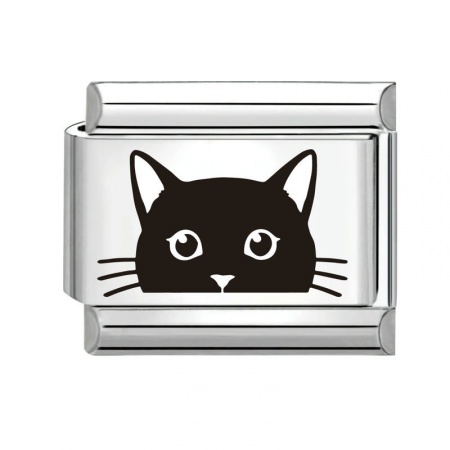 Picture of 1 Piece 304 Stainless Steel Stylish Italian Charm Links For DIY Bracelet Jewelry Making Silver Tone Black Rectangle Cat 10mm x 9mm
