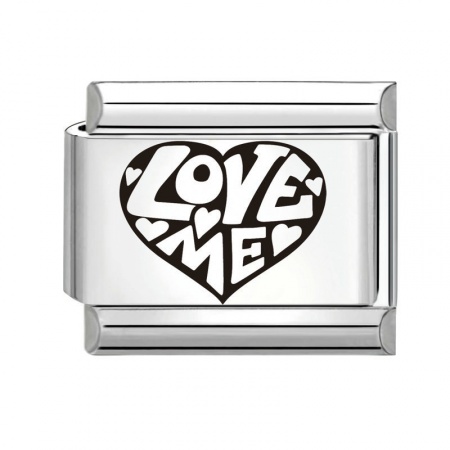 Picture of 1 Piece 304 Stainless Steel Valentine's Day Italian Charm Links For DIY Bracelet Jewelry Making Silver Tone Black Rectangle Heart Message " Love Me " 10mm x 9mm