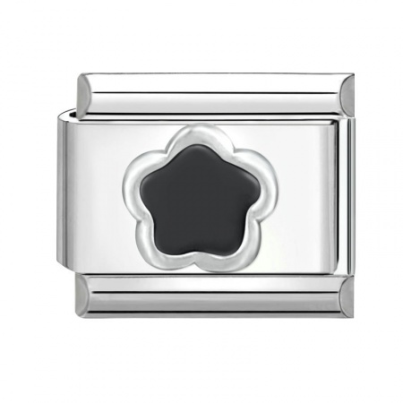 Picture of 1 Piece 304 Stainless Steel Italian Charm Links For DIY Bracelet Jewelry Making Silver Tone Black Rectangle Flower 10mm x 9mm