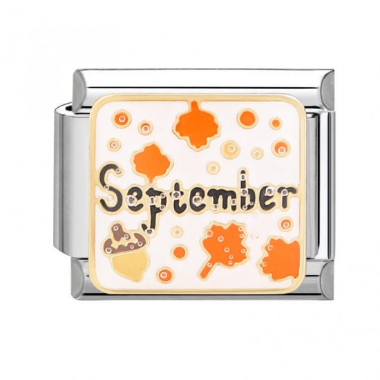 Immagine di 1 Pz 304 Acciaio Inossidabile Bracciale con Charm Italiano a Maglie, Creazione di Gioielli Fai-da-te Tono Argento Arancione Rettangolo Foglia Messaggio " September " 10mm x 9mm