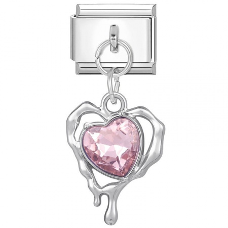 Picture of 1 Piece 304 Stainless Steel Stylish Italian Charm Links For DIY Bracelet Jewelry Making Wholesale Silver Tone Heart Pink Rhinestone 10mm x 9mm