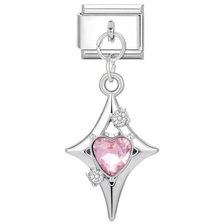 Picture of 1 Piece 304 Stainless Steel Valentine's Day Italian Charm Links For DIY Bracelet Jewelry Making Wholesale Silver Tone Star Heart Pink Rhinestone 10mm x 9mm