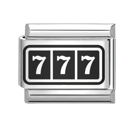 Picture of 1 Piece 304 Stainless Steel Stylish Italian Charm Links For DIY Bracelet Jewelry Making Silver Tone Black Rectangle Message " 777 " 10mm x 9mm