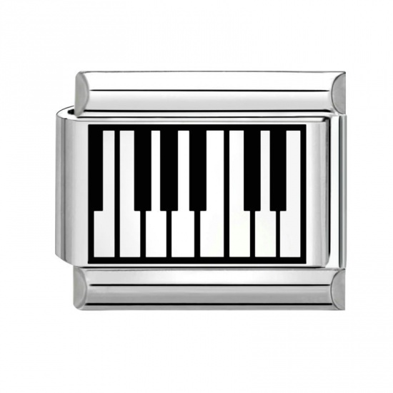Picture of 1 Piece 304 Stainless Steel Italian Charm Links For DIY Bracelet Jewelry Making Silver Tone Black Rectangle Piano 10mm x 9mm