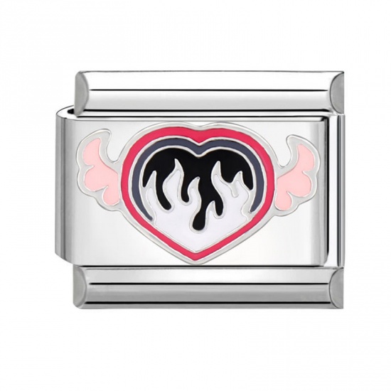 Immagine di 1 Piece 304 Stainless Steel Valentine's Day Italian Charm Links For DIY Bracelet Jewelry Making Silver Tone Multicolor Rectangle Heart 10mm x 9mm