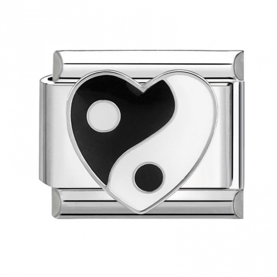 Picture of 1 Piece 304 Stainless Steel Italian Charm Links For DIY Bracelet Jewelry Making Silver Tone White Rectangle Heart 10mm x 9mm