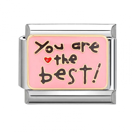 Picture of 1 Piece 304 Stainless Steel Stylish Italian Charm Links For DIY Bracelet Jewelry Making Silver Tone Pink Rectangle Message " You Are The Best " 10mm x 9mm