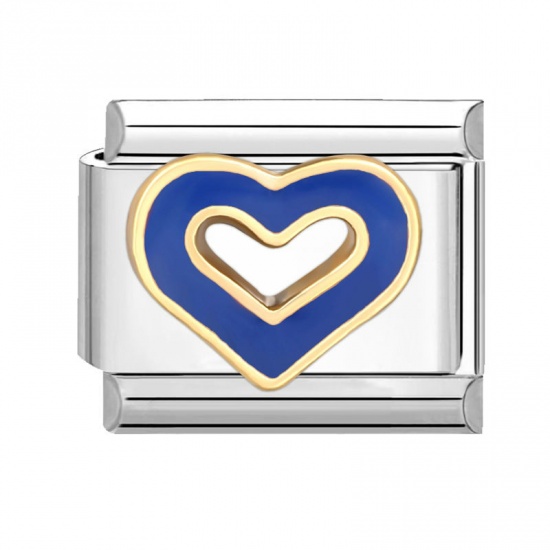 Immagine di 1 Piece 304 Stainless Steel Italian Charm Links For DIY Bracelet Jewelry Making Silver Tone Blue Rectangle Heart 10mm x 9mm