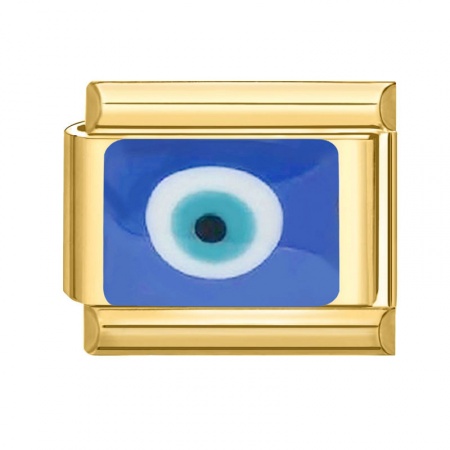 Picture of 1 Piece 304 Stainless Steel Italian Charm Links For DIY Bracelet Jewelry Making Gold Plated Blue Rectangle Evil Eye 10mm x 9mm