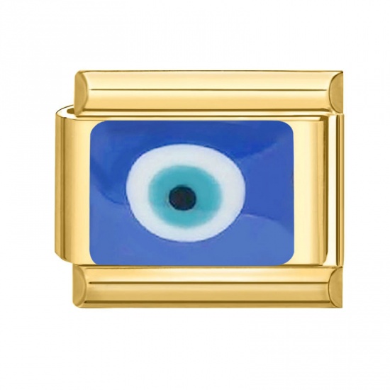Imagen de 1 Piece 304 Stainless Steel Italian Charm Links For DIY Bracelet Jewelry Making Gold Plated Blue Rectangle Evil Eye 10mm x 9mm
