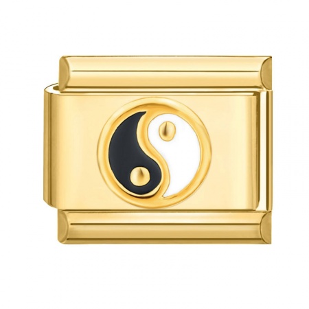 Picture of 1 Piece 304 Stainless Steel Italian Charm Links For DIY Bracelet Jewelry Making Gold Plated Black Rectangle Yin Yang Symbol 10mm x 9mm