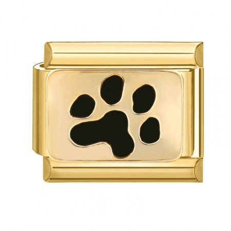 Picture of 1 Piece 304 Stainless Steel Italian Charm Links For DIY Bracelet Jewelry Making Gold Plated Black Rectangle Paw Print 10mm x 9mm