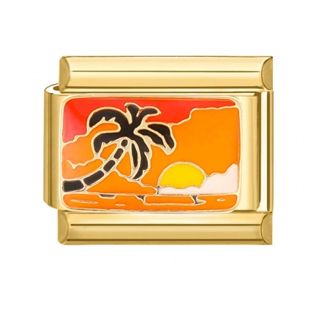 Picture of 1 Piece 304 Stainless Steel Italian Charm Links For DIY Bracelet Jewelry Making Gold Plated Multicolor Rectangle Coconut Palm Tree 10mm x 9mm