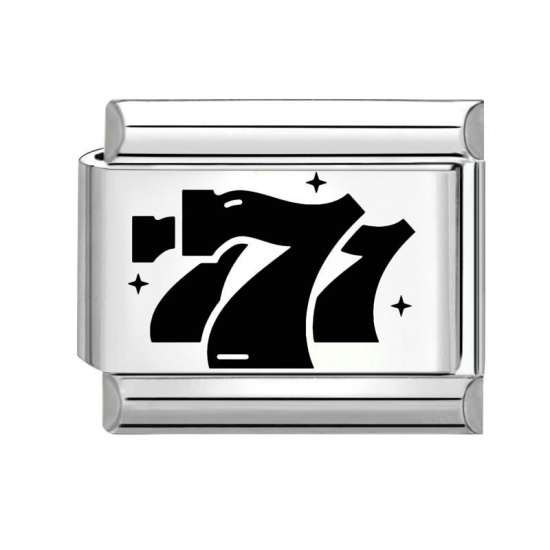 Immagine di 1 Piece 304 Stainless Steel Stylish Italian Charm Links For DIY Bracelet Jewelry Making Silver Tone Black Rectangle Message " 777 " 10mm x 9mm