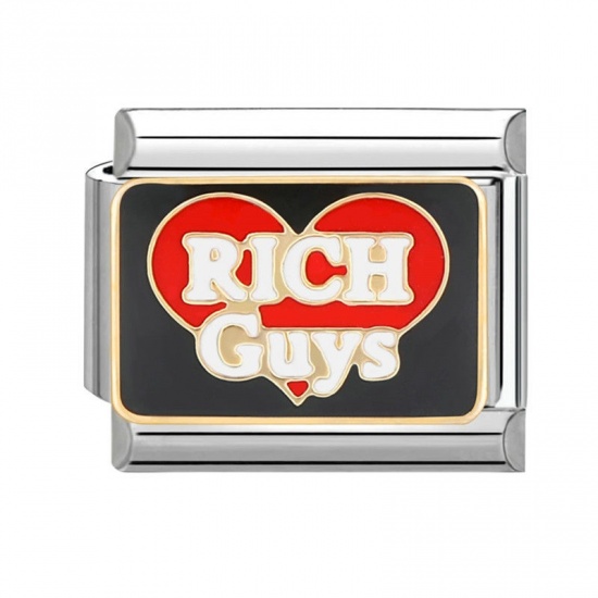 Immagine di 1 Piece 304 Stainless Steel Valentine's Day Italian Charm Links For DIY Bracelet Jewelry Making Silver Tone Red Rectangle Heart Message " Rich Guys " 10mm x 9mm
