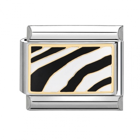 Picture of 1 Piece 304 Stainless Steel Italian Charm Links For DIY Bracelet Jewelry Making Silver Tone Black Rectangle Zebra Stripe 10mm x 9mm
