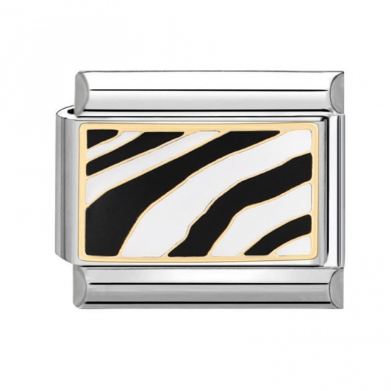 Immagine di 1 Piece 304 Stainless Steel Italian Charm Links For DIY Bracelet Jewelry Making Silver Tone Black Rectangle Zebra Stripe 10mm x 9mm
