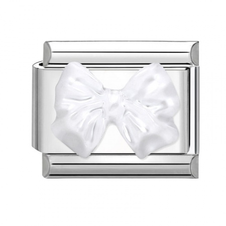 Picture of 1 Piece 304 Stainless Steel Italian Charm Links For DIY Modular Bracelet Watch Jewelry Making Wholesale Silver Tone White Rectangle Bowknot 10mm x 9mm