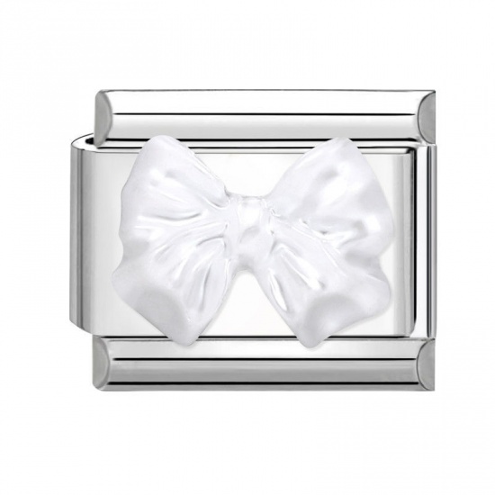 Immagine di 1 Piece 304 Stainless Steel Italian Charm Links For DIY Bracelet Jewelry Making Silver Tone Rectangle Bowknot 10mm x 9mm