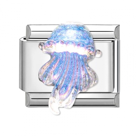 Picture of 1 Piece 304 Stainless Steel Italian Charm Links For DIY Modular Bracelet Watch Jewelry Making Wholesale Silver Tone Multicolor Rectangle Jellyfish 10mm x 9mm