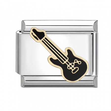 Picture of 1 Piece 304 Stainless Steel Italian Charm Links For DIY Bracelet Jewelry Making Silver Tone Black Rectangle Guitar 10mm x 9mm