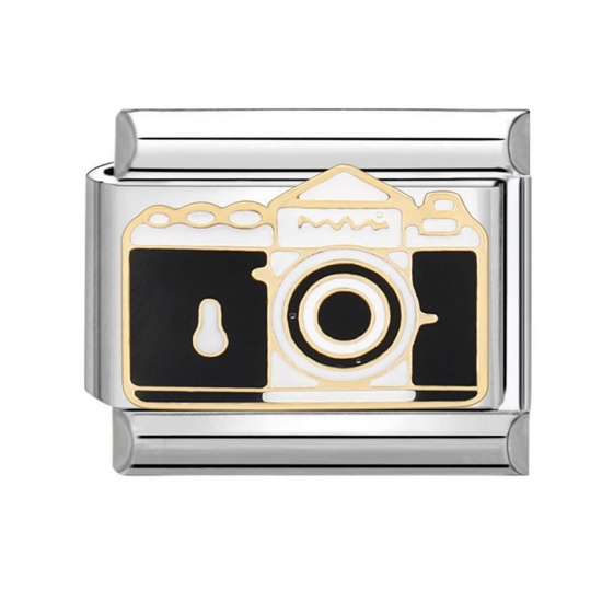 Picture of 1 Piece 304 Stainless Steel Italian Charm Links For DIY Bracelet Jewelry Making Silver Tone Black Rectangle Camera 10mm x 9mm