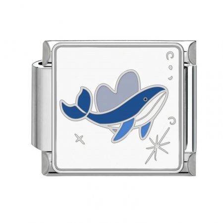 Picture of 1 Piece 304 Stainless Steel Italian Charm Links For DIY Bracelet Jewelry Making Silver Tone Blue Rectangle Whale Animal 10mm x 9mm