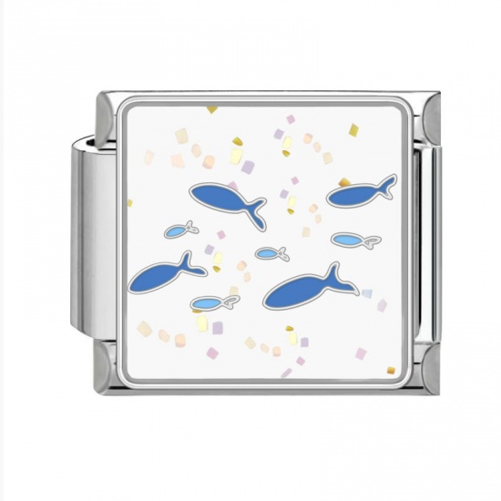 Picture of 1 Piece 304 Stainless Steel Italian Charm Links For DIY Bracelet Jewelry Making Silver Tone Blue Rectangle Fish 10mm x 9mm