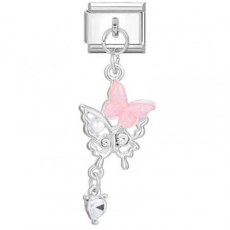 Picture of 1 Piece 304 Stainless Steel Stylish Italian Charm Links For DIY Bracelet Jewelry Making Wholesale Silver Tone Pink Butterfly Animal 10mm x 9mm