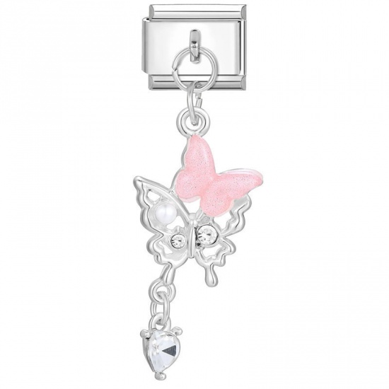 Immagine di 1 Piece 304 Stainless Steel Stylish Italian Charm Links For DIY Bracelet Jewelry Making Silver Tone Pink Butterfly Animal 10mm x 9mm