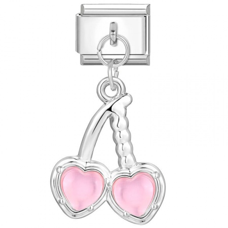 Picture of 1 Piece 304 Stainless Steel Stylish Italian Charm Links For DIY Bracelet Jewelry Making Wholesale Silver Tone Pink Cherry Fruit 10mm x 9mm