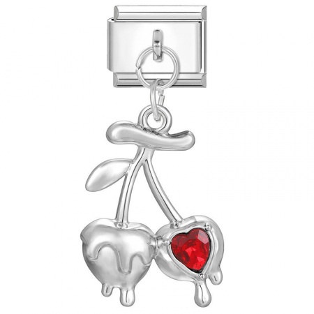 Picture of 1 Piece 304 Stainless Steel Stylish Italian Charm Links For DIY Bracelet Jewelry Making Wholesale Silver Tone Red Cherry Fruit 10mm x 9mm
